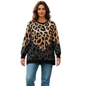 LUUKSE Leopard Print Color Block Crew Neck Long Sleeve‎ Pullover Sweatshirt 1X